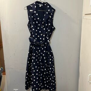 Navy polka dot dress with matching belt